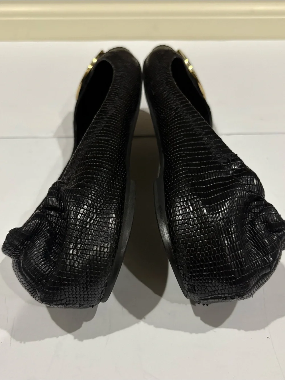 Tory Burch Black Leather Logo Cap-Toe Ballet Flats with Gold Emblem